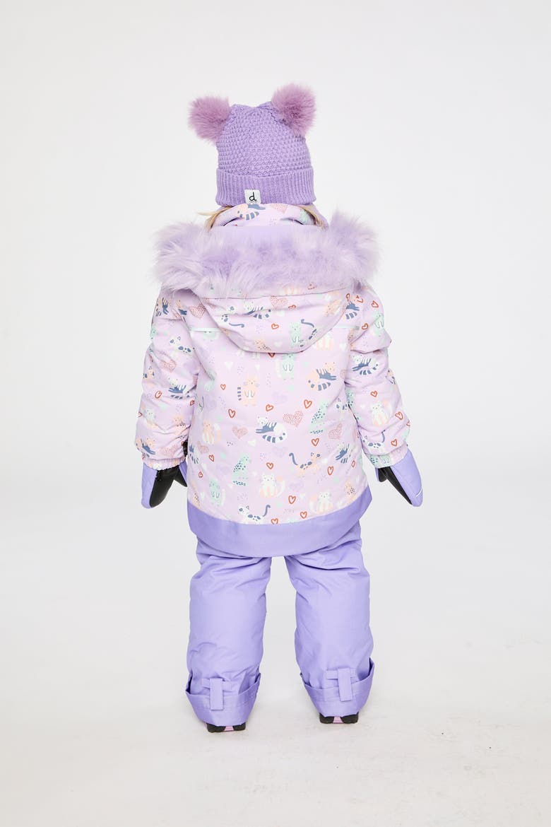 Discover Cats Faux Fur Hood Jacket & Suspender Pants Two Piece Snowsuit, Alternate, color, Purple Printed Cats