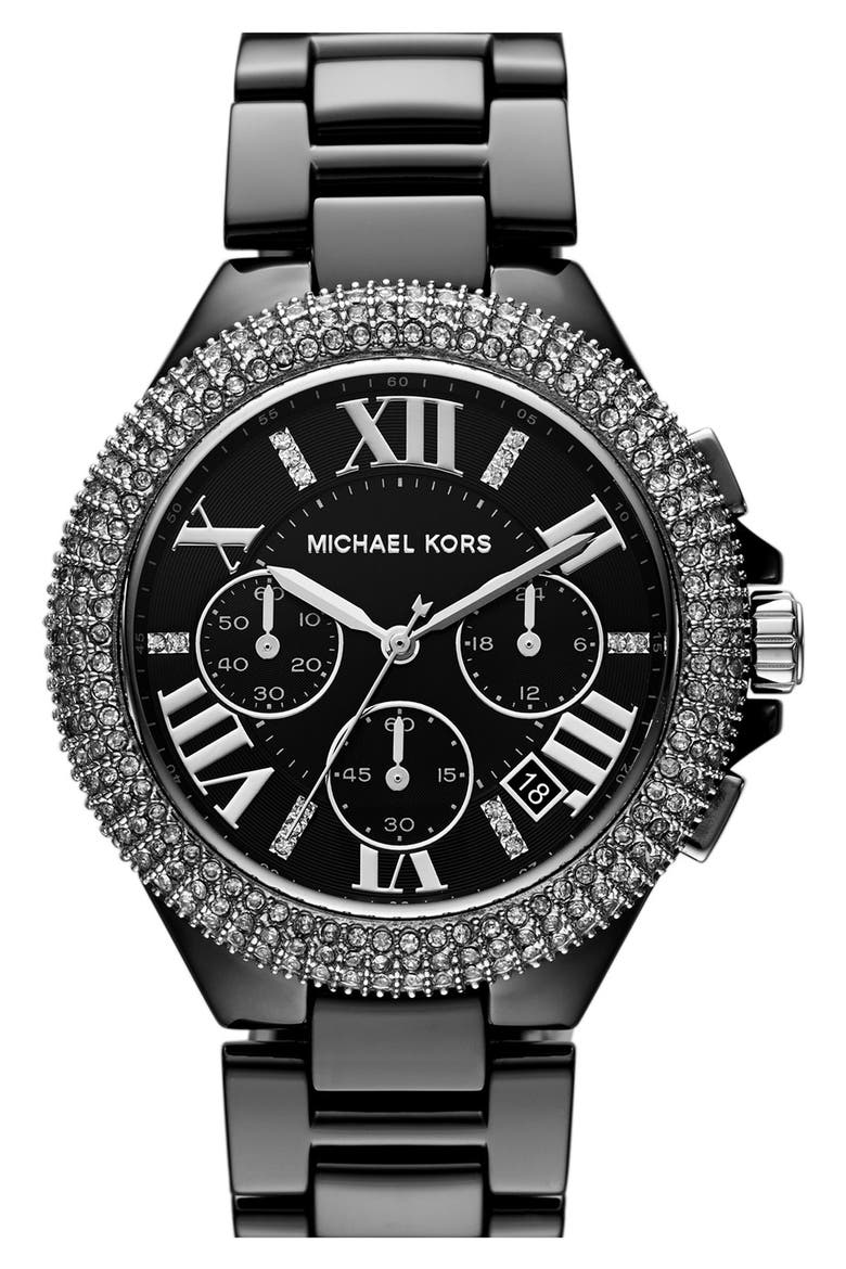 Michael Kors 'Camille' Chronograph Ceramic Bracelet Watch, 43mm, Main, color, BLACK
