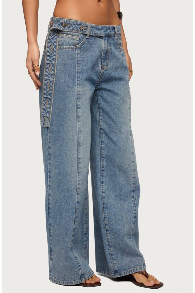 Button Tab Waist Low Rise Wide Leg Jeans, Alternate, color, LIGHT-BLUE