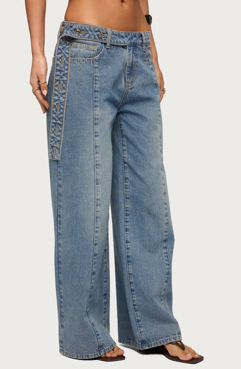 EDIKTED Button Tab Waist Low Rise Wide Leg Jeans, Alternate, color, Light-Blue