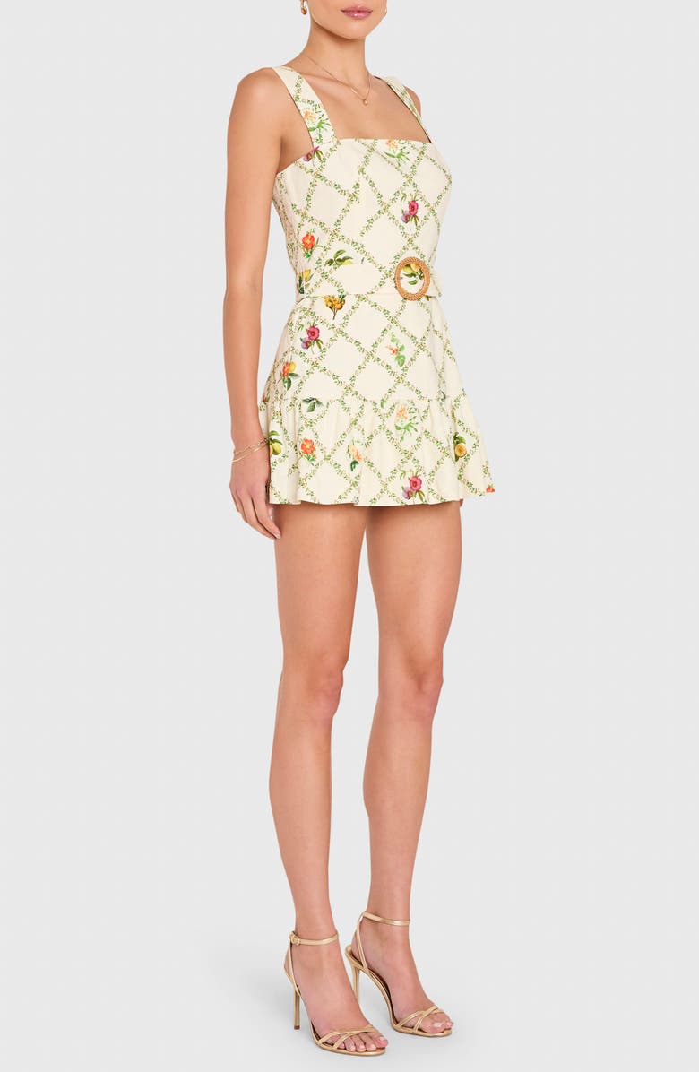 Amanda Uprichard Lena Floral Print Belted Linen Blend Romper, Alternate, color, Almond Multi