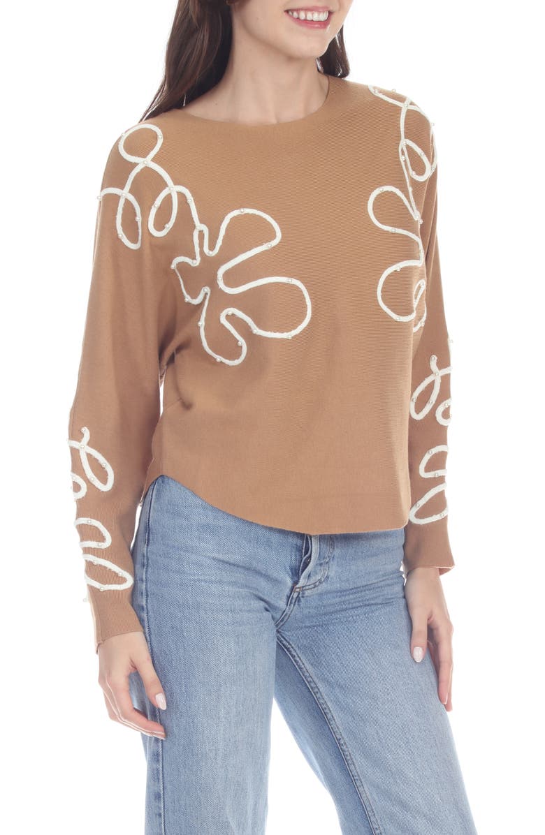 RAIN AND ROSE Faux Pearl Embellished Knit Top, Alternate, color, Camel