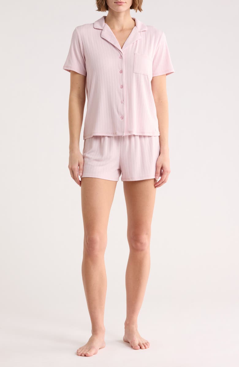 Danskin Notched Short Sleeve Top & Shorts Pajamas, Main, color, Wisteria Bloom
