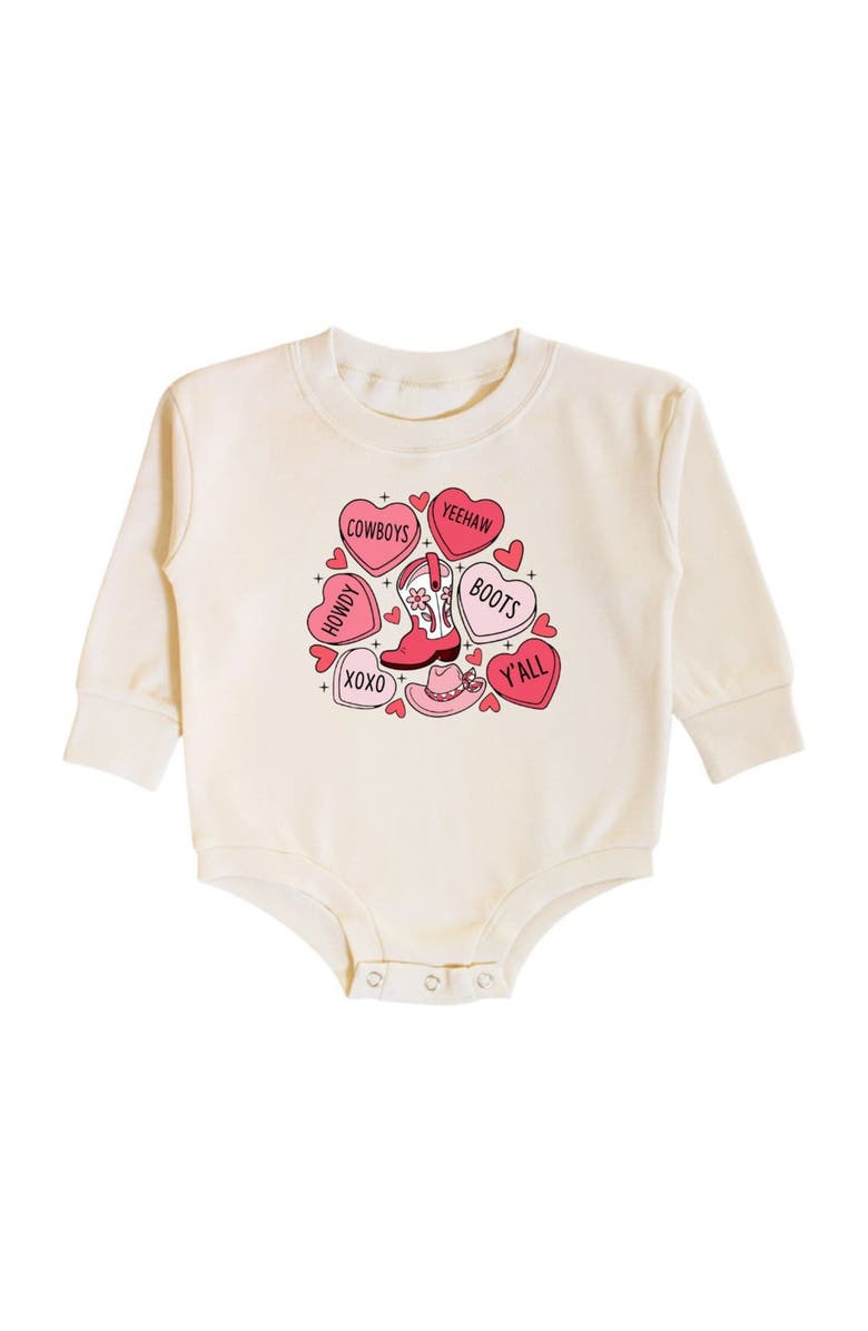 Sweet Wink Howdy Valentine
s Day Long Sleeve Romper, Main, color, Natural