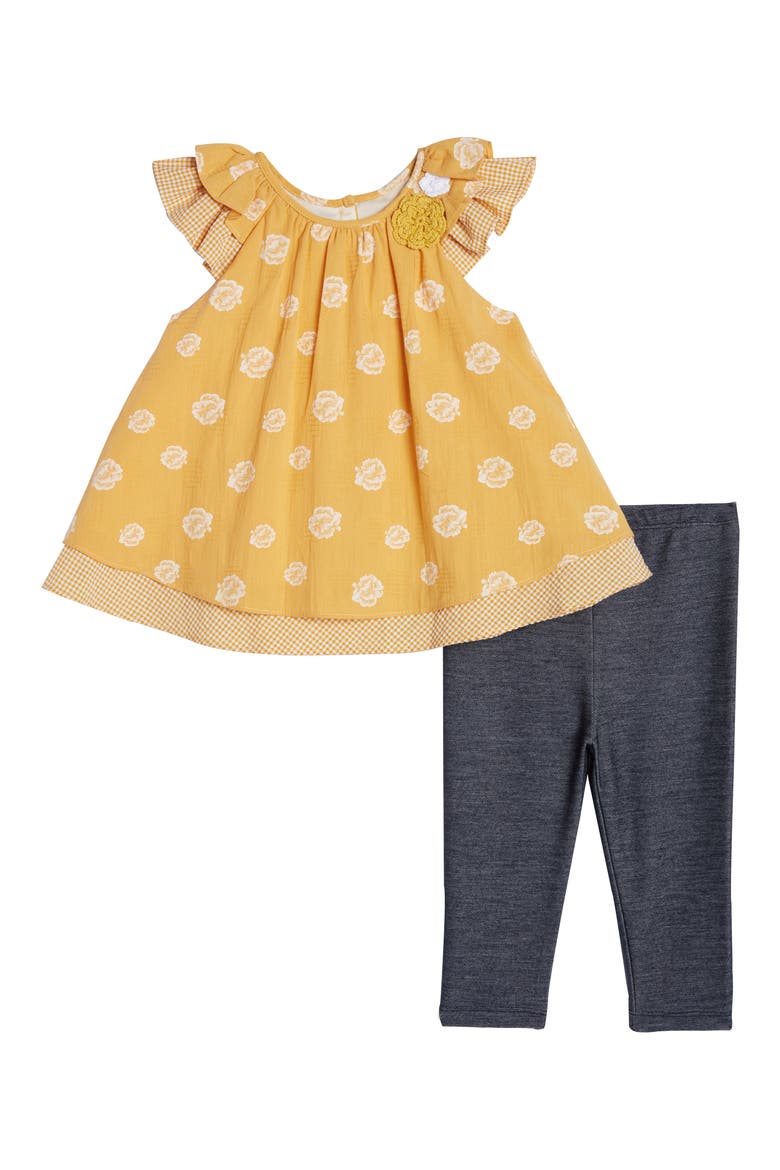 Floral & Gingham Swing Top & Leggings Set, Main, color, MUSTARD