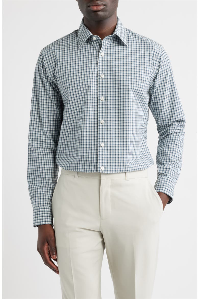 Ashborne Signature Trim Fit Cotton Check Dress Shirt, Main, color, TEAL ASHBORNE GINGHAM