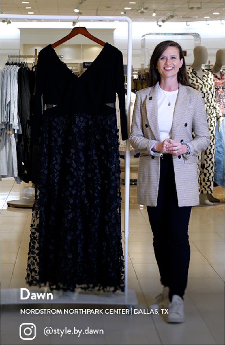 Xscape 3D Floral & Mesh Cutout Long Sleeve Gown, sales video thumbnail