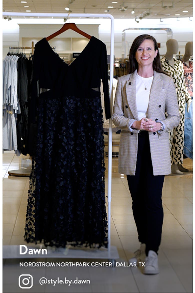 Xscape 3D Floral & Mesh Cutout Long Sleeve Gown video