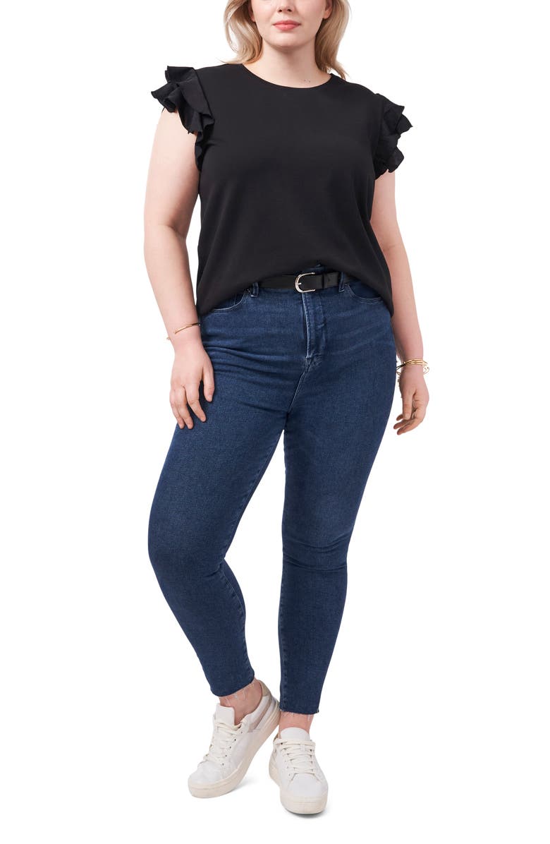 Vince Camuto Mixed Media Tiered Ruffle Sleeve Top, Alternate, color, Rich Black