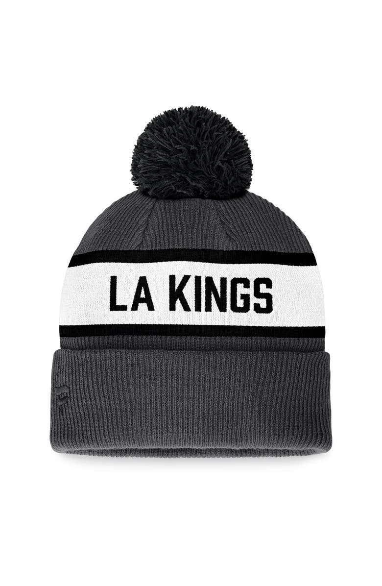 FANATICS Men's Fanatics Branded Charcoal Los Angeles Kings Fundamental Wordmark Cuffed Knit Hat with Pom, Alternate, color, 