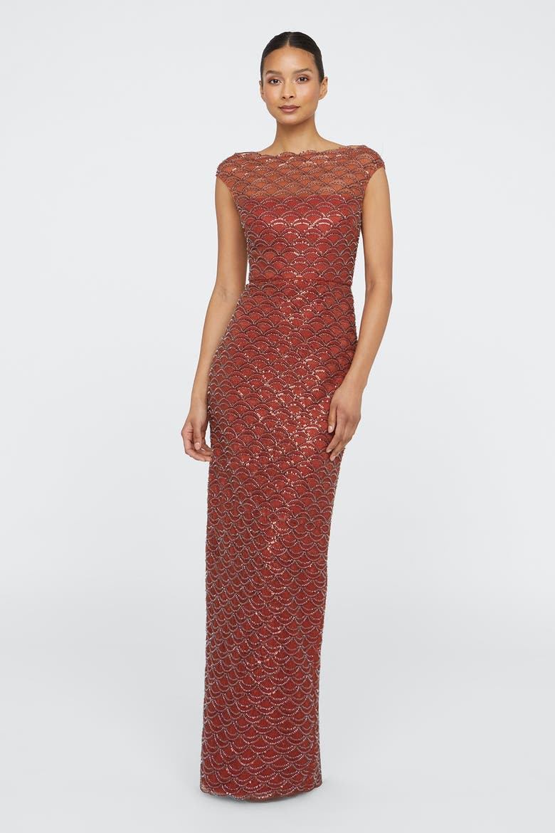 Aura Beaded Column Gown, Main, color, Copper