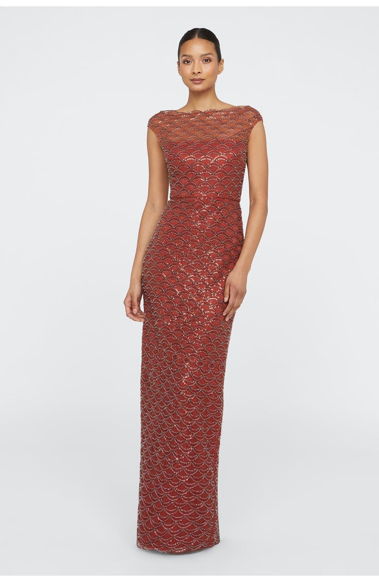 Theia Aura Beaded Column Gown, Main, color, Copper