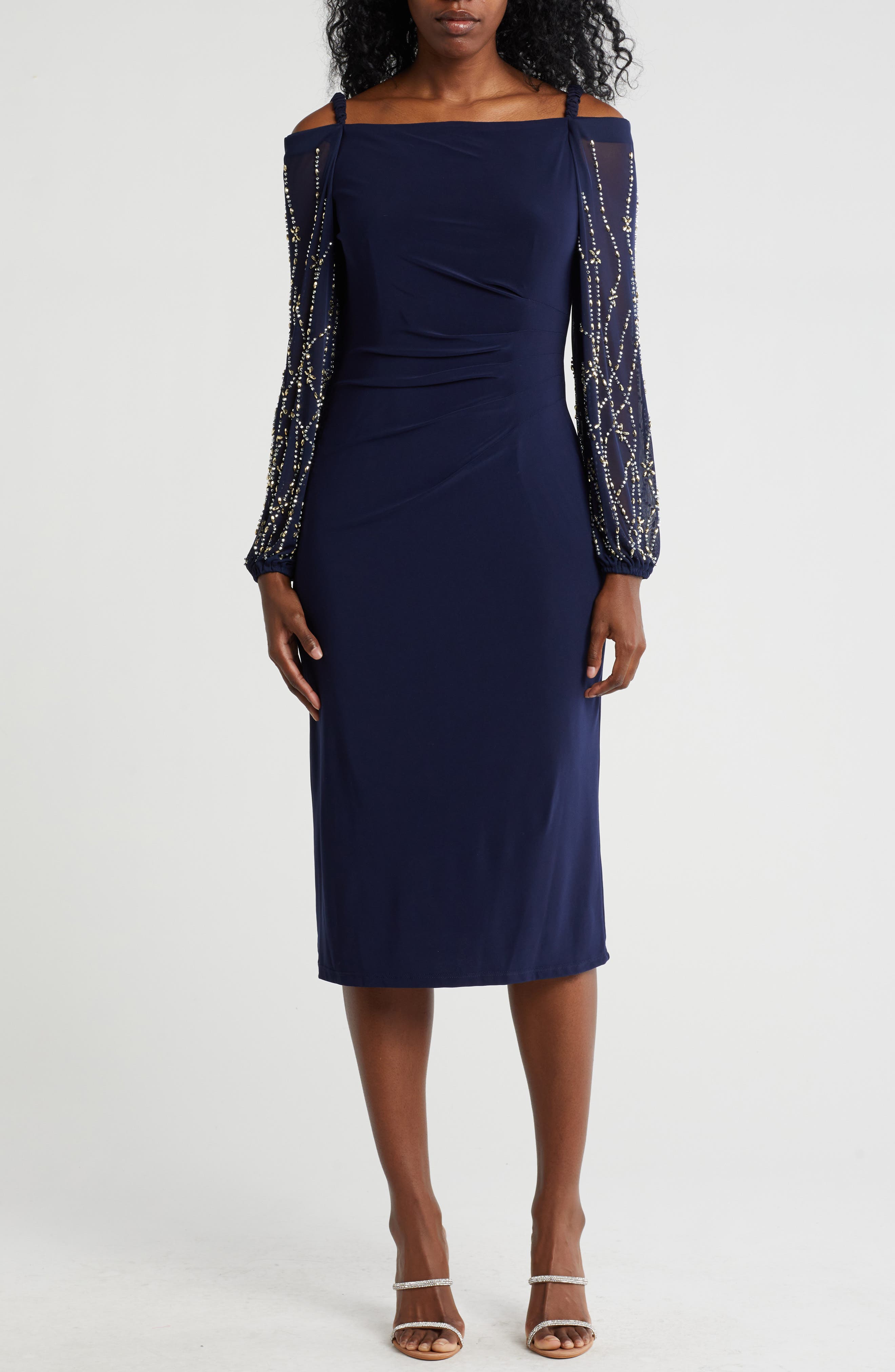 Marina Off the Shoulder Long Sleeve Beaded Midi Dress