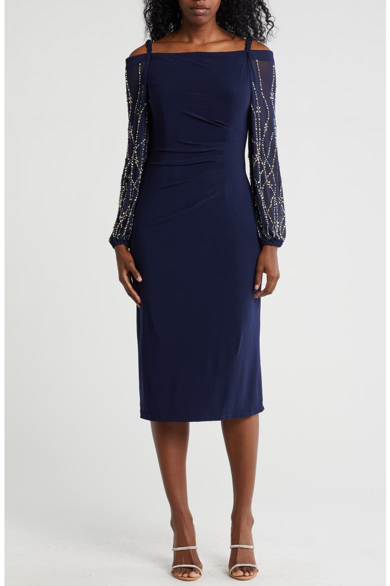 Off the Shoulder Long Sleeve Beaded Midi Dress, Main, color, NAVY