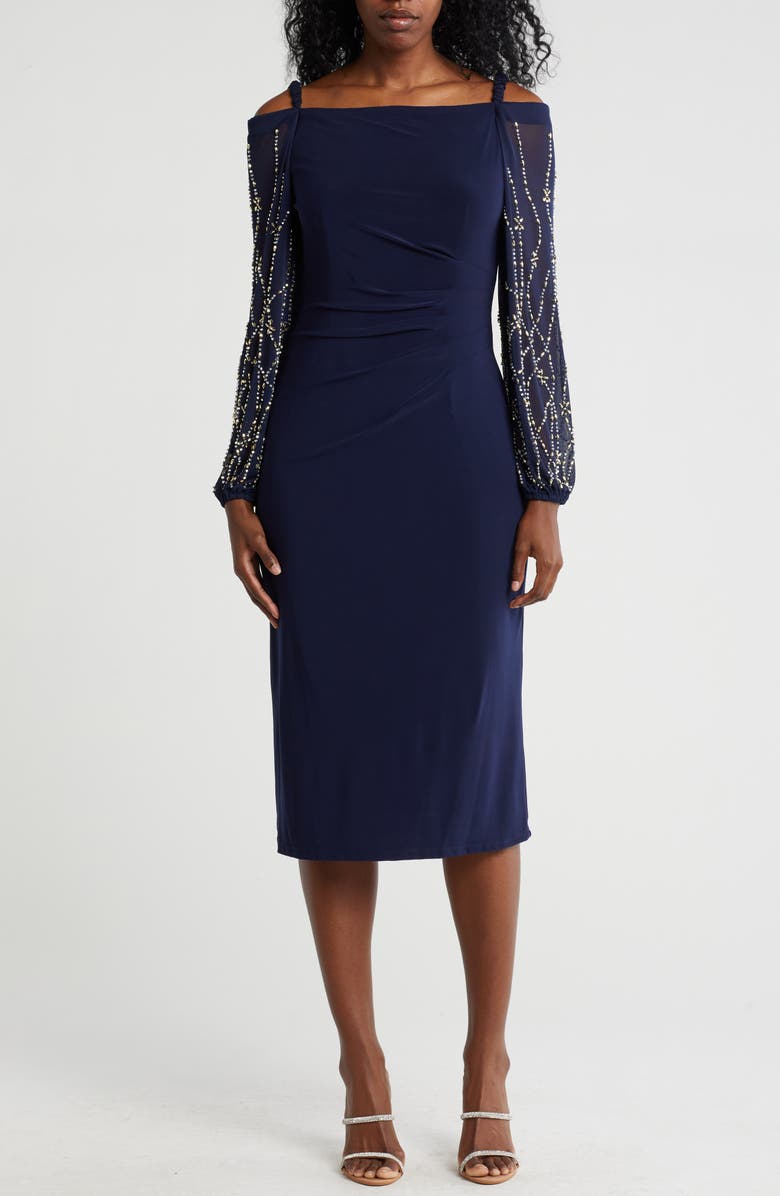 Marina Off the Shoulder Long Sleeve Beaded Midi Dress, Main, color, Navy
