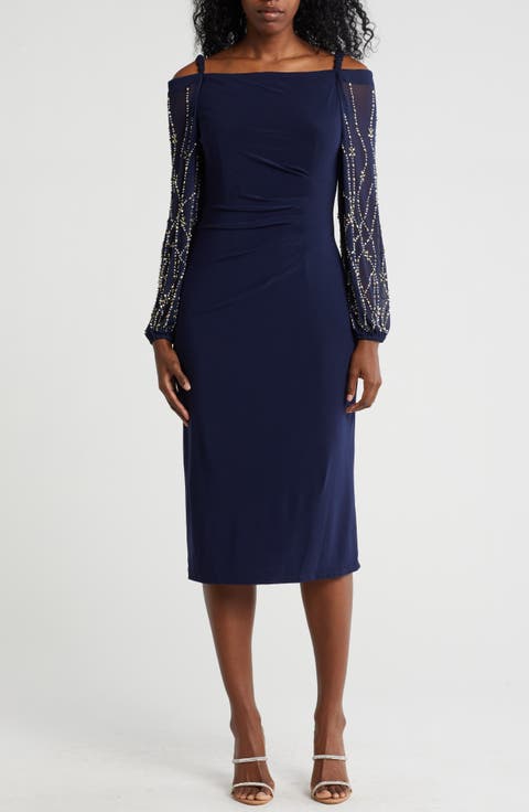 Off the Shoulder Long Sleeve Beaded Midi Dress