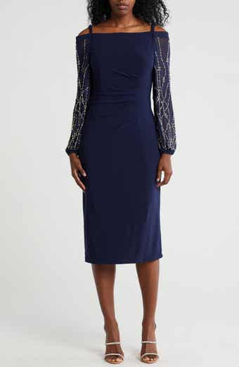 Marina Off the Shoulder Long Sleeve Beaded Midi Dress