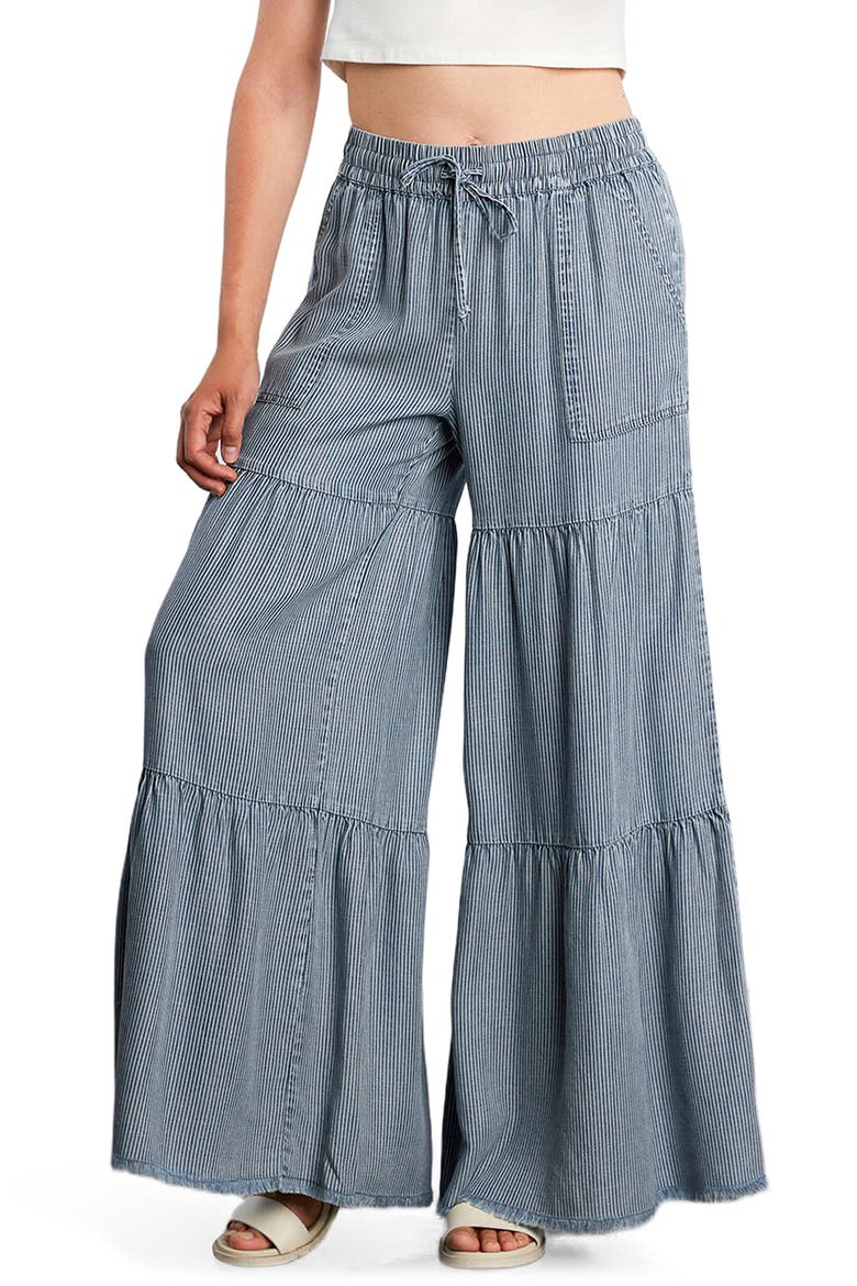 Fancy Cotton Blend Tiered Pants, Main, color, RAILROAD STRIPE DENIM