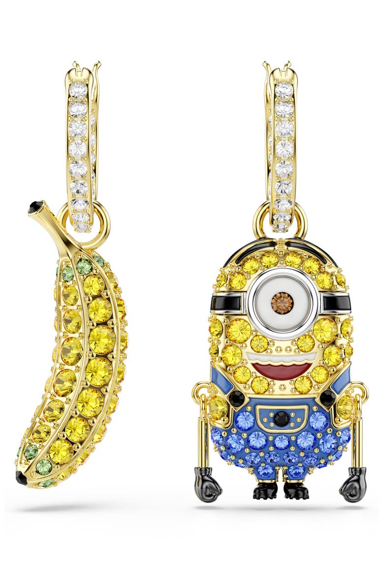 Minions® Stuart Banana Mismatched Crystal Hoop Earrings, Alternate, color, GOLD/ MULTI