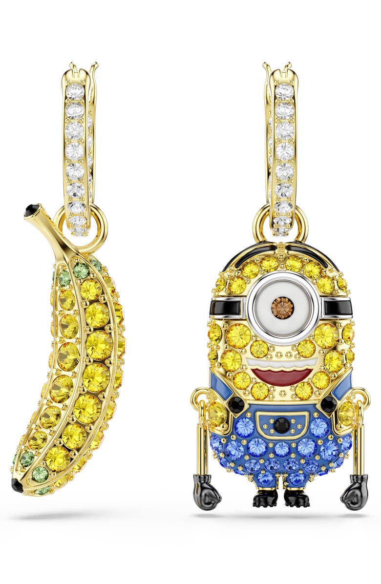Swarovski Minions<sup>®</sup> Stuart Banana Mismatched Crystal Hoop Earrings, Alternate, color, Gold/ Multi