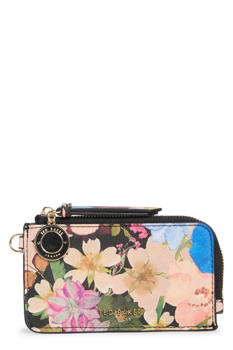 Lulu Floral Faux Leather Card Case, Main, color, PINK PRESSED FLOWER BLACK