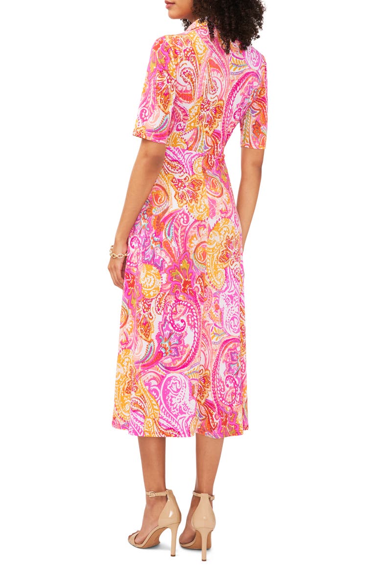 Print Faux Wrap Midi Dress, Alternate, color, WHITE/FUCHSIA/MUSTARD