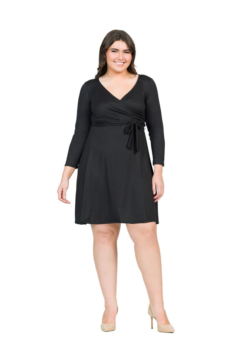 24seven Comfort Apparel Plus Size Chic V-Neck Long Sleeve Belted  Dress, Main, color, Black