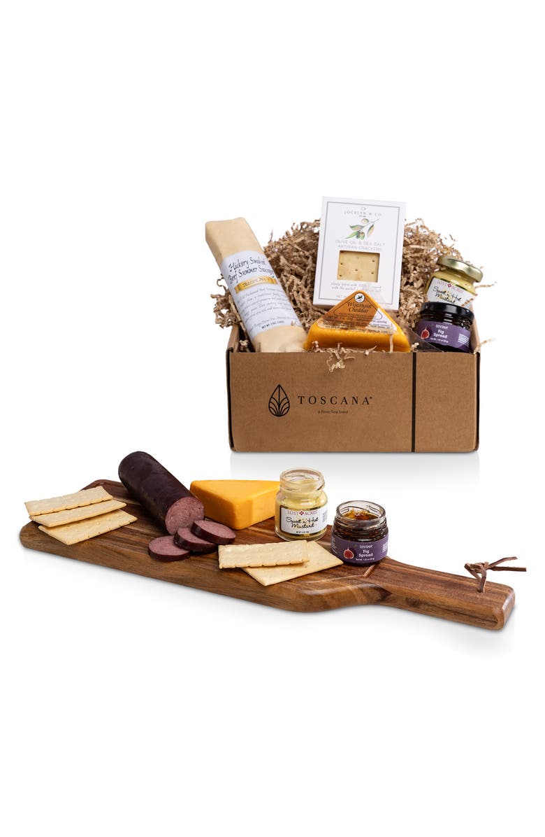 Toscana Botella Cheese Board with Gourmet Gift Pack, Main, color, Acacia Wood