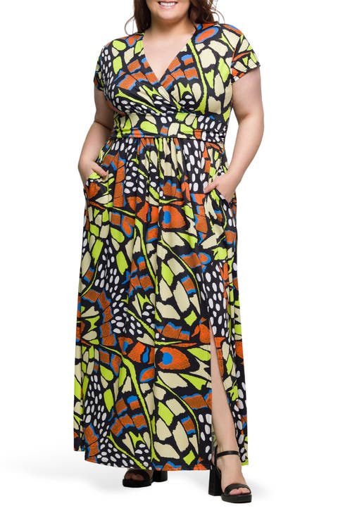 Butterfly Print V-Neck Maxi Dress (Plus)