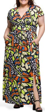 24seven Comfort Apparel Butterfly Print V-Neck Maxi Dress