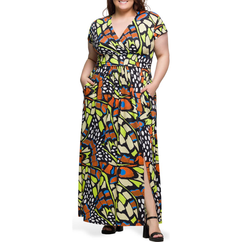24seven Comfort Apparel Plus Size Cap Sleeve V-neck Side Slit Pocket Maxi Dress In Orange Multi