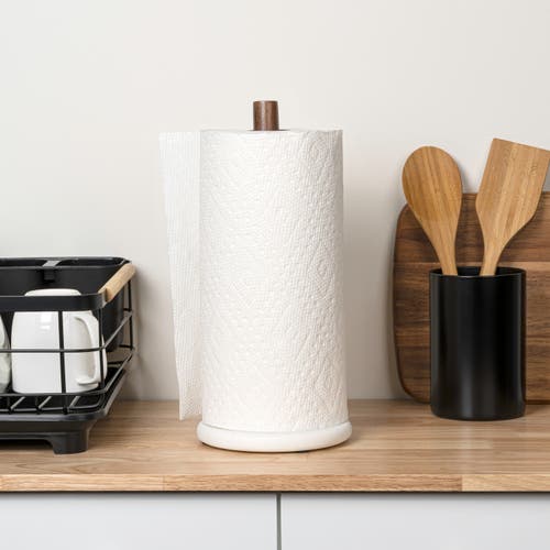 Happimess Avery Modern Classic Metal With Non Slip Weighted Marble Base Paper Towel Holder In Brown