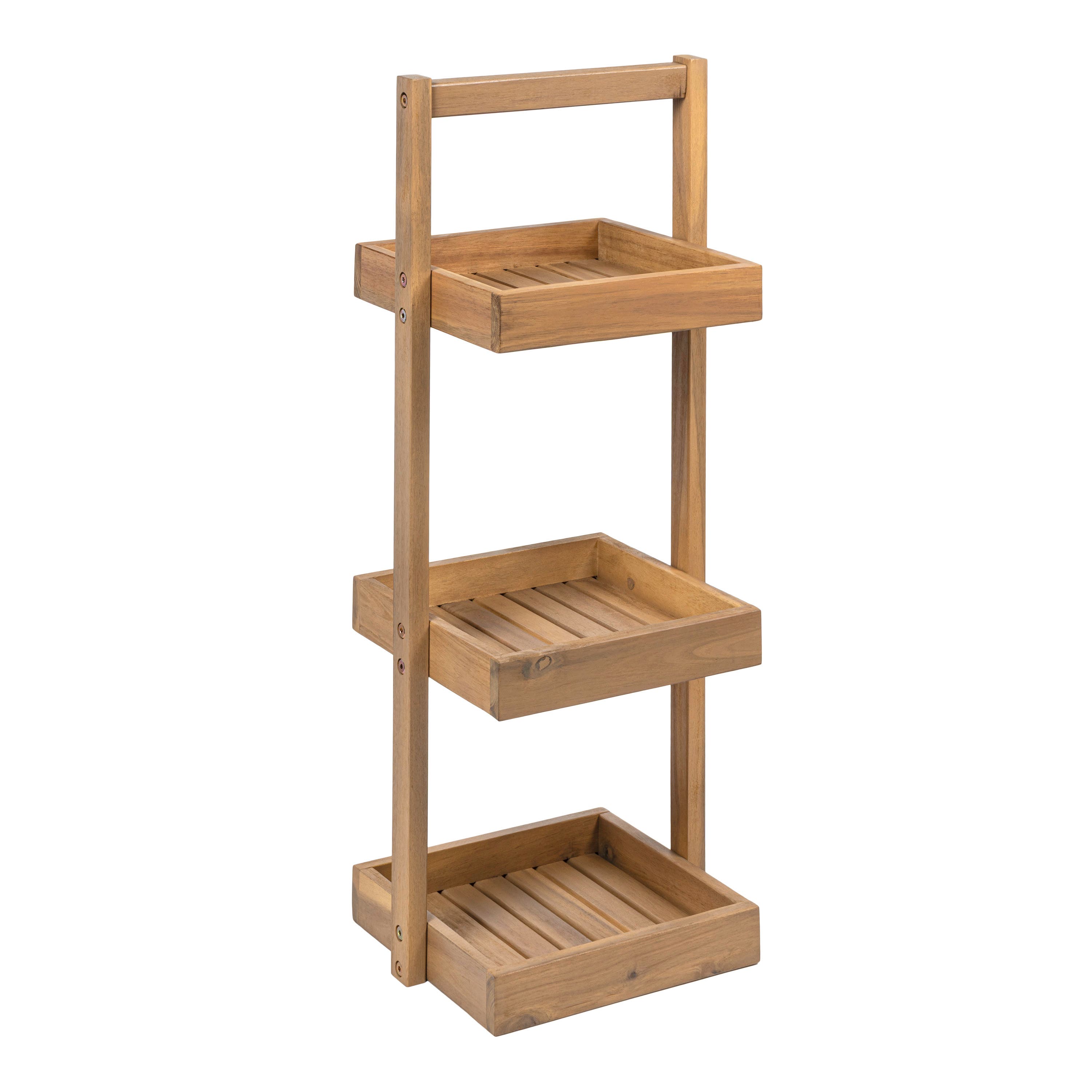 HAPPIMESS Tilly 30" Classic Rustic 3-Tier Acacia Wood Freestanding Bathroom Shower Caddy - Light Teak