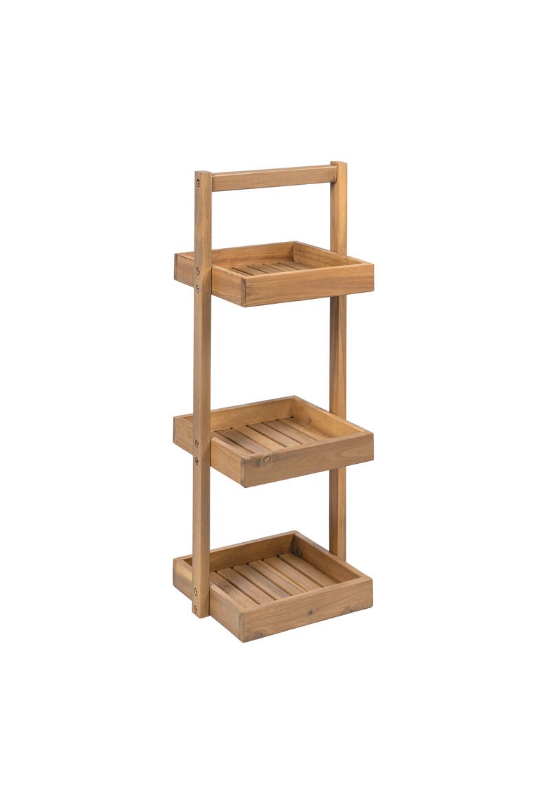 Tilly 30" Classic Rustic 3-Tier Acacia Wood Freestanding Bathroom Shower Caddy, Main, color, Light Teak