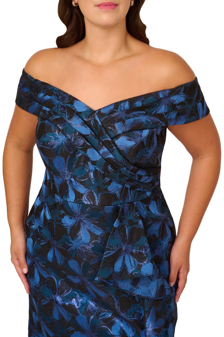 Metallic Floral Jacquard Off the Shoulder Gown, Alternate, color, BLUE MULTI