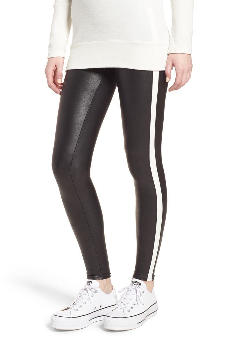 Side Stripe Faux Leather Leggings, Main, color, VERY BLACK/ WHT
