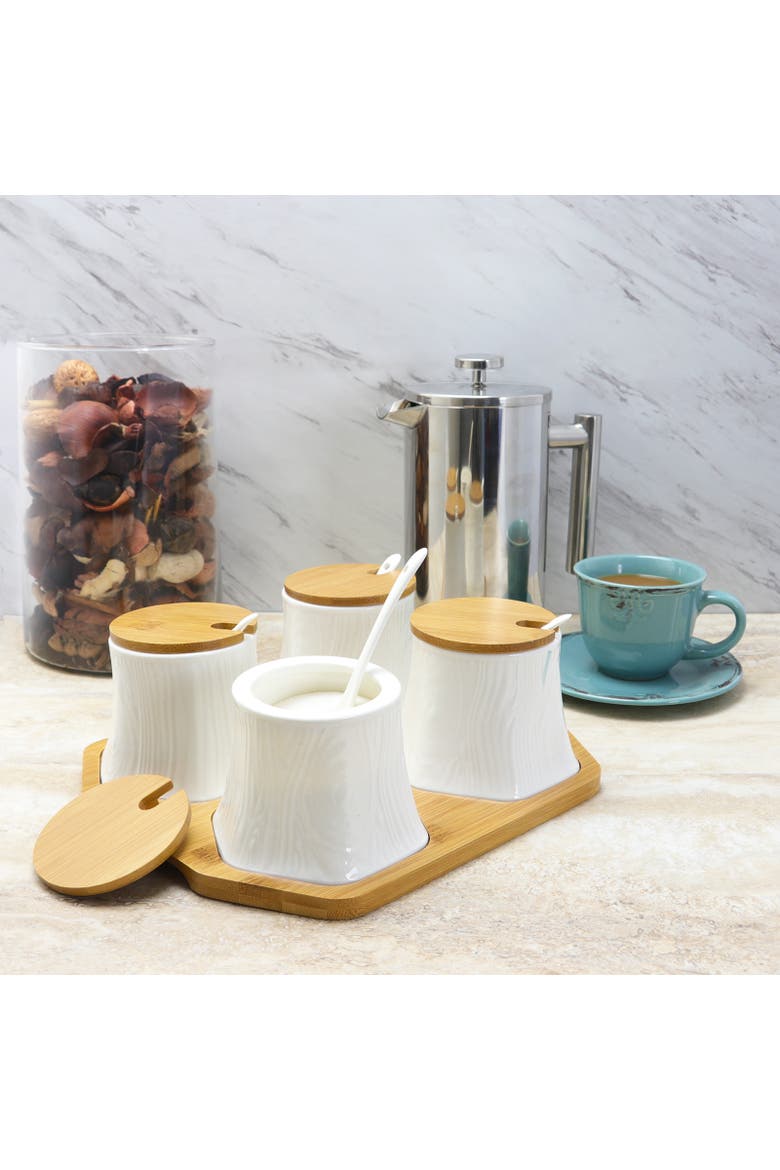 Ceramic Spice, Jam and Salsa Jars with Wood Lids & Serving Spoons, Alternate, color, White