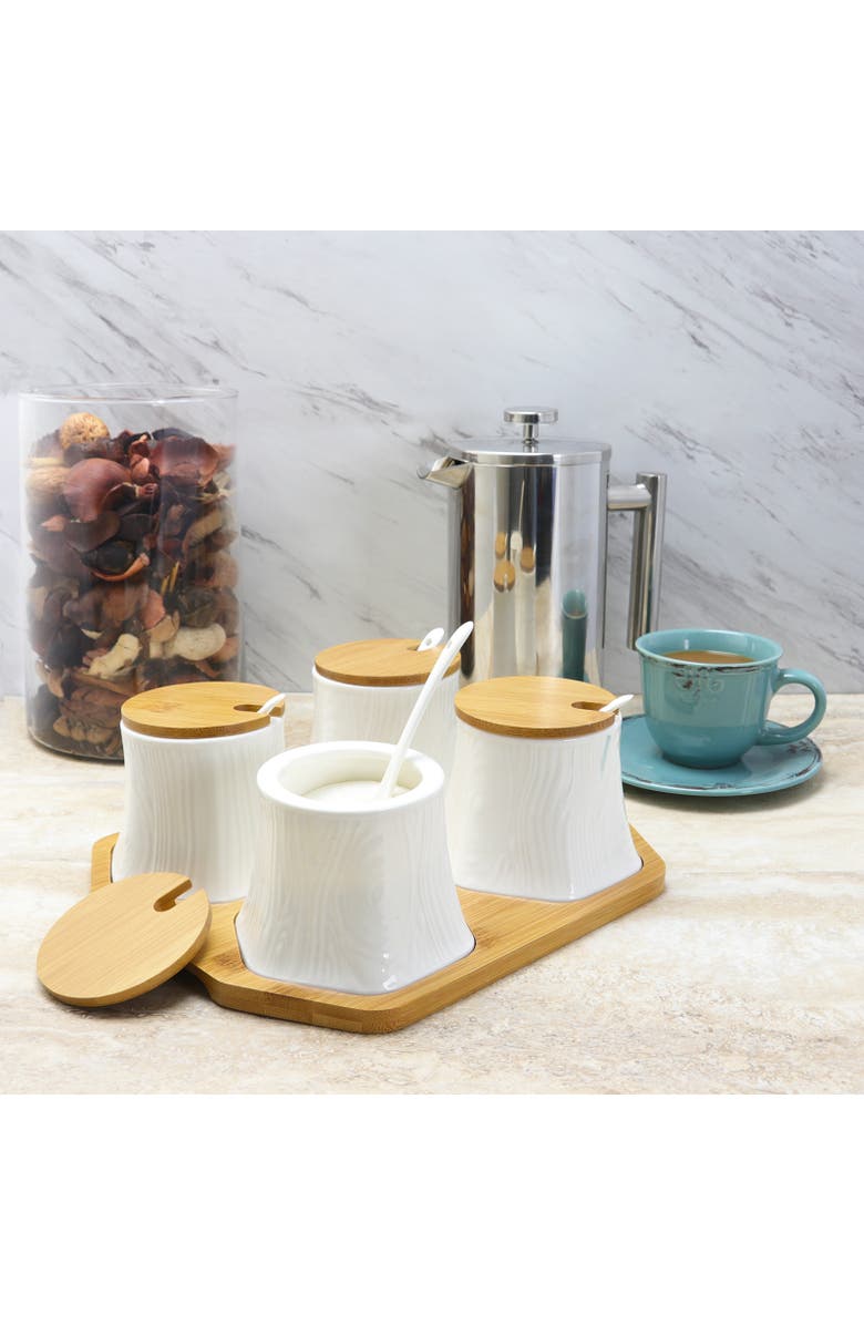 Elama Ceramic Spice, Jam and Salsa Jars with Wood Lids & Serving Spoons, Alternate, color, White