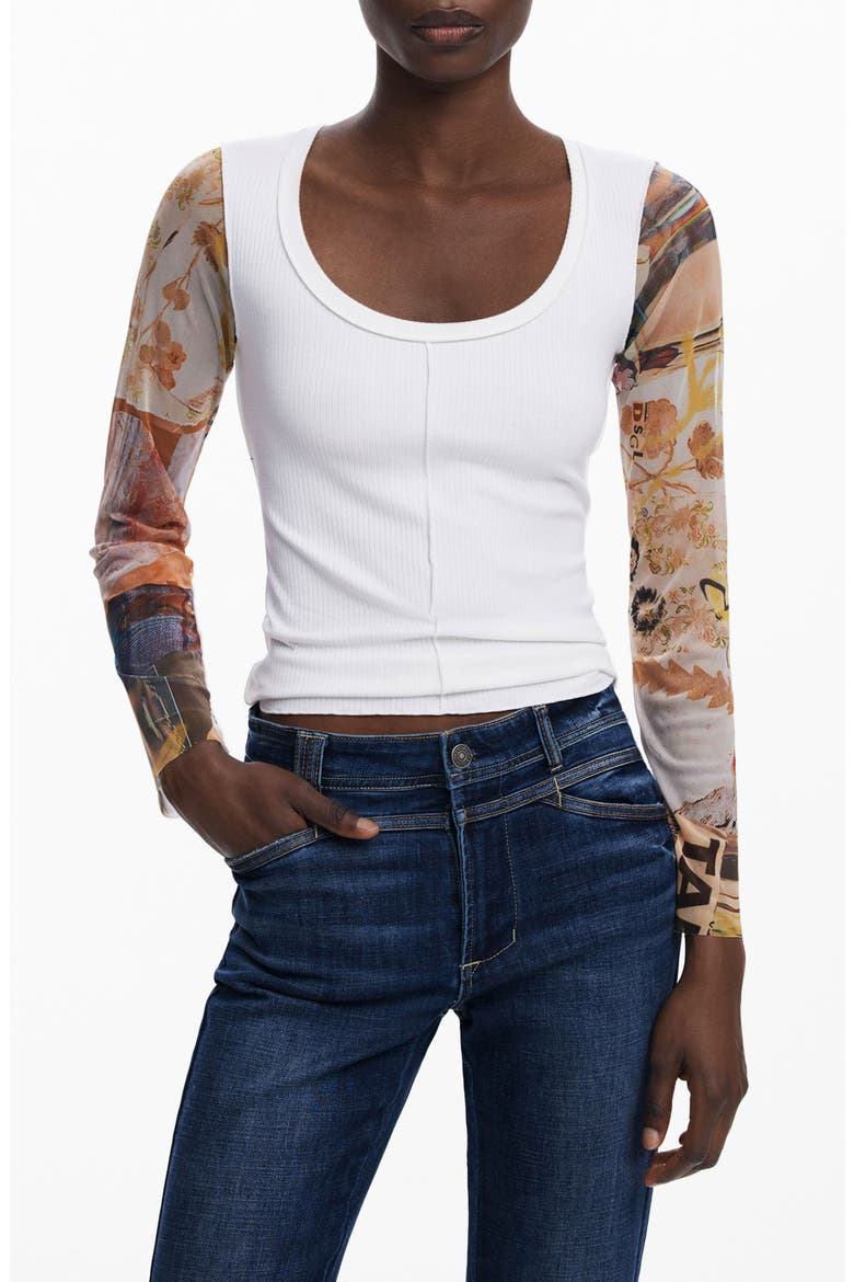 Mesh Sleeve Scoop Neck Rib Top, Main, color, LIGHT BEIGE