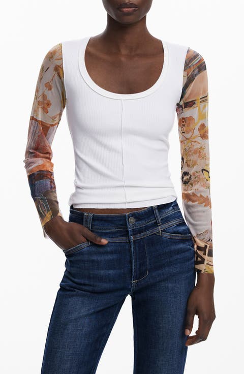 Mesh Sleeve Scoop Neck Rib Top