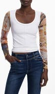 Desigual Mesh Sleeve Scoop Neck Rib Top
