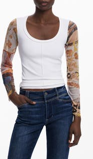 Desigual Mesh Sleeve Scoop Neck Rib Top
