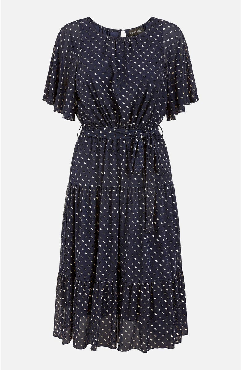 Yumi Dot Print Mesh Stretch Midi Dress, Alternate, color, Navy