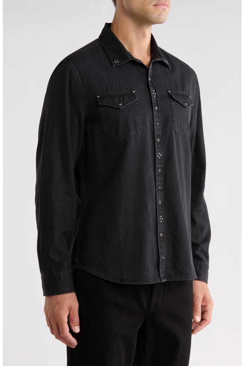 Marshall Studded Coated Cotton Denim Snap-Up Western Shirt, Alternate, color, BLACK
