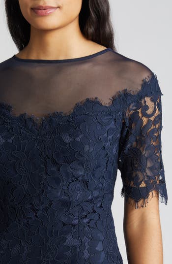 Eliza J Bubble Bell Sleeve shops Off the Shoulder Lace Navy Blue Sheath Dress Size 10