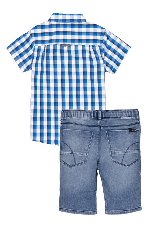 Joe's Plaid Short Sleeve Button-up Shirt & Denim Shorts Set In Blue