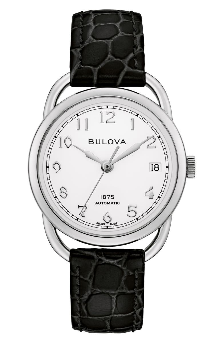 BULOVA Joseph Bulova Commodore Leather Strap Watch, Main, color, Silver-Tone