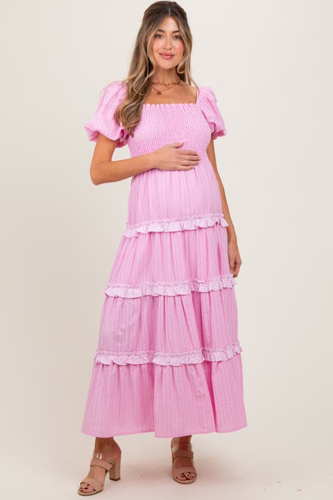 Smocked Ruffle Tiered Puff Sleeve Maxi Dress