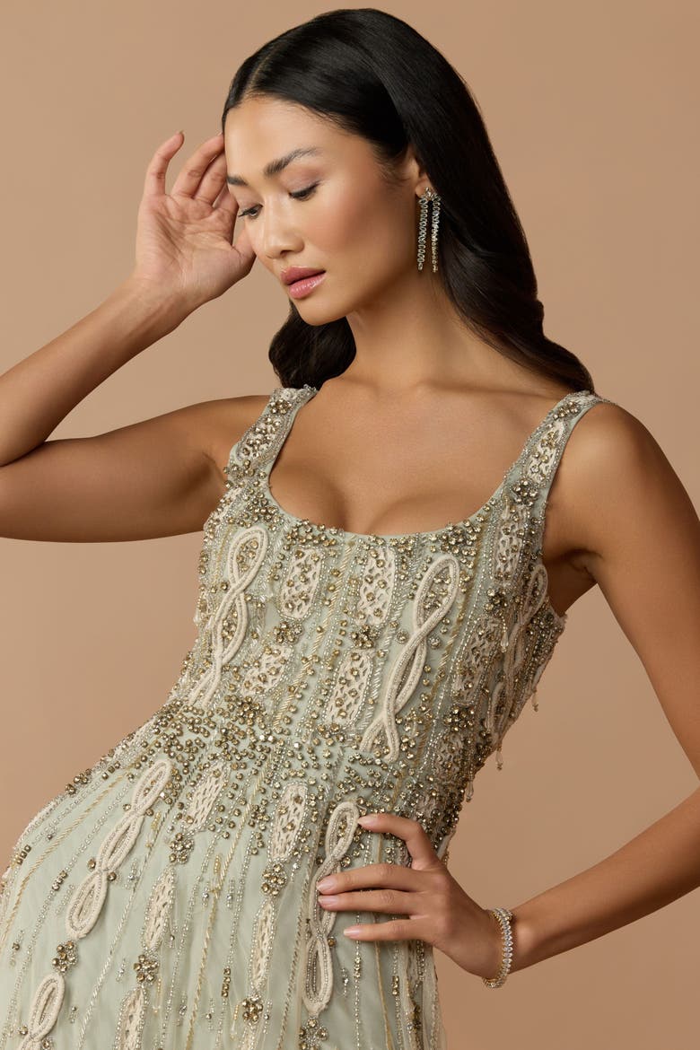 Petite Embellished Scoop Neck Mesh Midi Dress, Alternate, color, Nude Sage