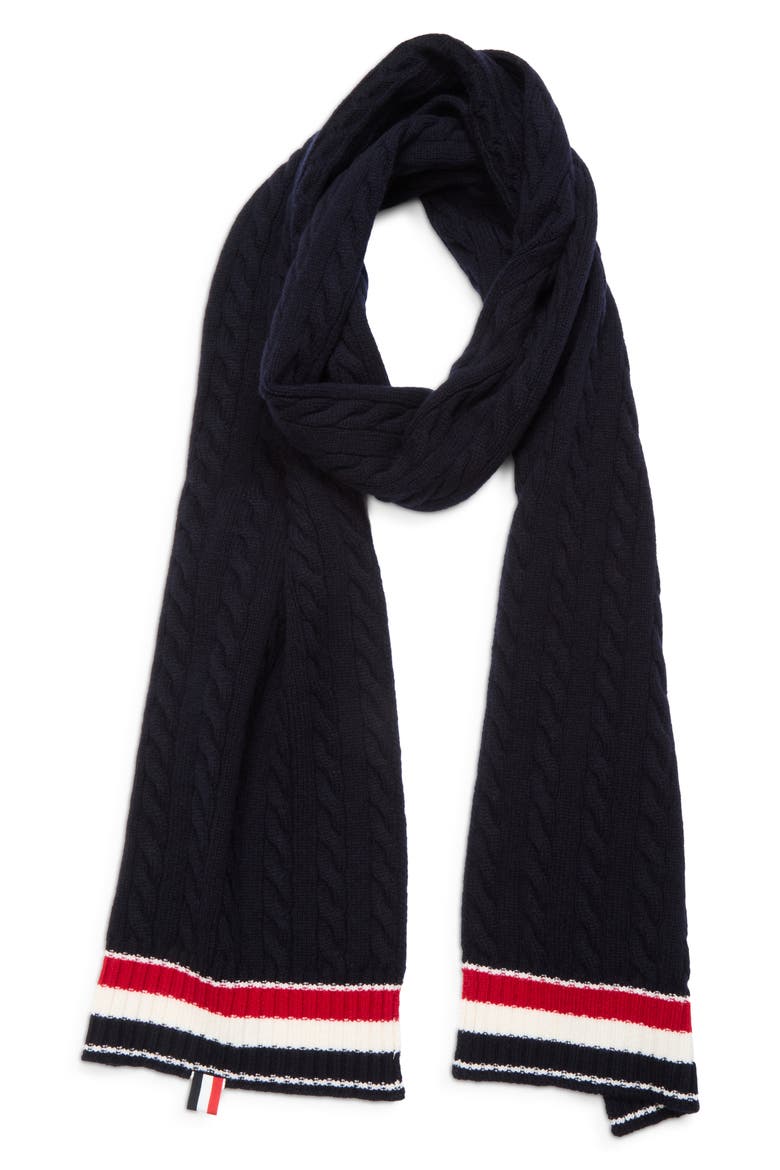 Cable Knit Virgin Wool Scarf, Main, color, NAVY